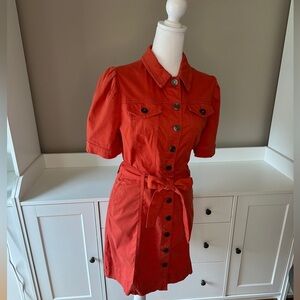 Short Puff Sleeve Button Front Washed Canvas Belted Mini Dress